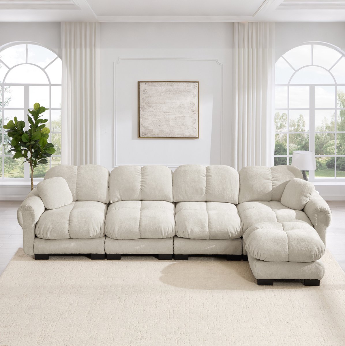 MODENUIT Hoekbank 330 x 149 x 90 cm - Modulair Met Verplaatsbare Ottomane - Woonkamer - Chenille - Licht Khaki