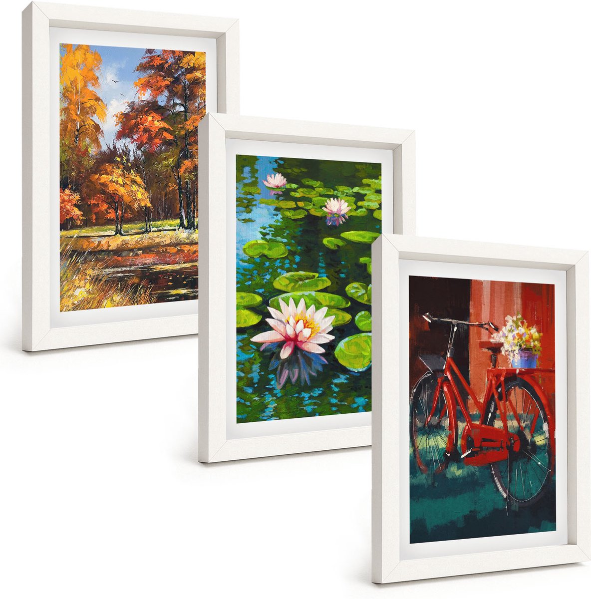 Tulup 3-Delige Schilderij Set - Herfstkleuren, lelievijver, fietsen op het terras - 20x30 - Decoratieve Schilderijen - Wanddecoratie - Hal