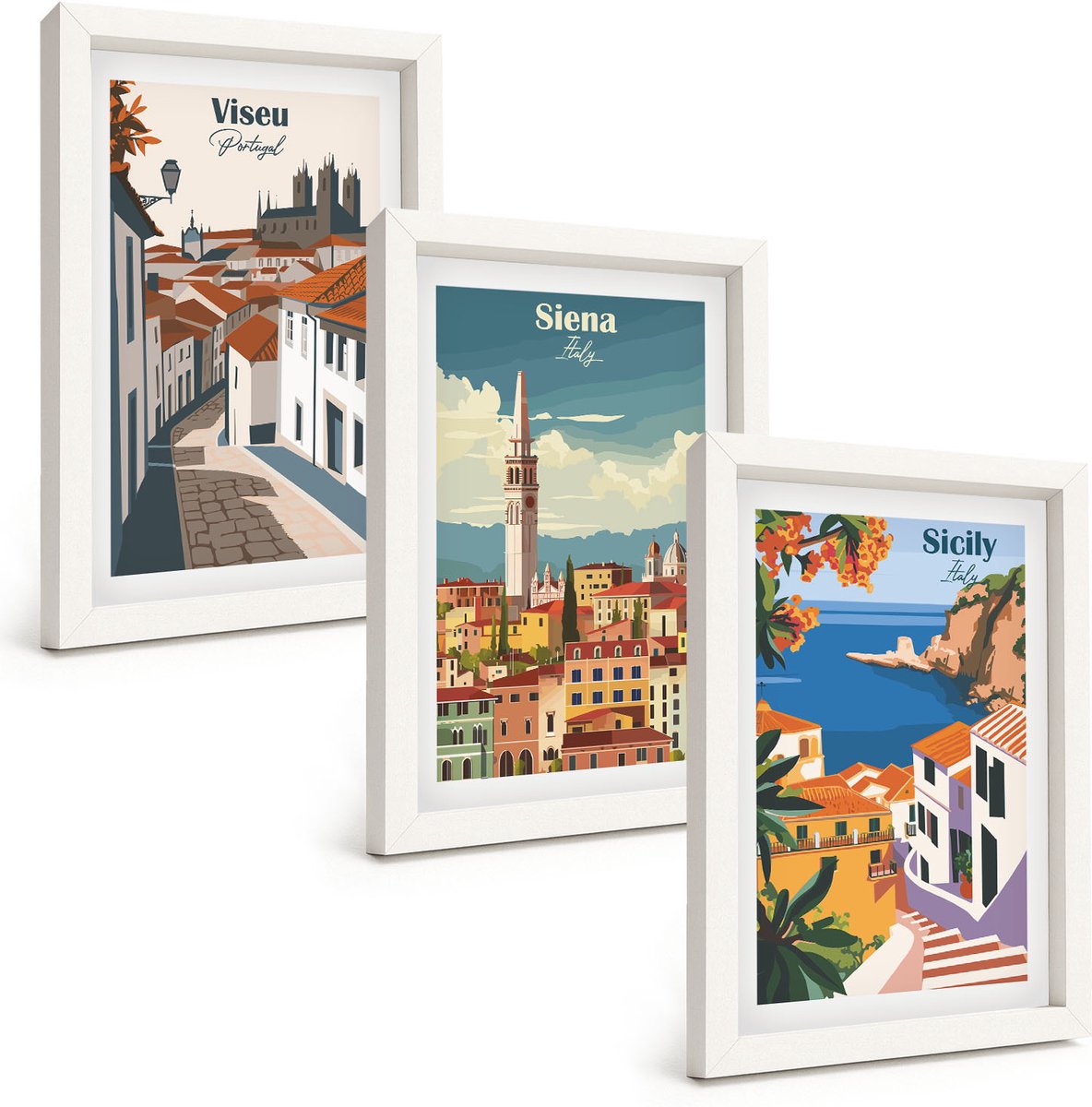 Tulup 3-Delige Schilderij Set - Retro-illustraties van beroemde steden over de hele wereld - 20x30 - Muurdecoratie - Wanddecoratie - Hal - Decoratieve Schilderijen
