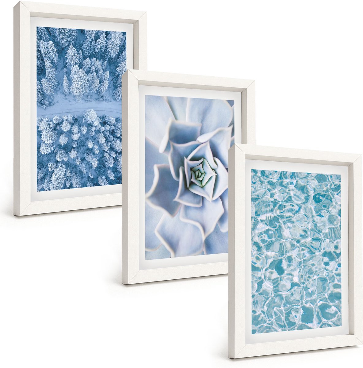 Tulup 3-Delige Schilderij Set - Winterbos, blauwe bloem, blauw wateroppervlak - 20x30 - Wanddecoratie - Schilderijen Set - Interieur - Decoratieve Schilderijen