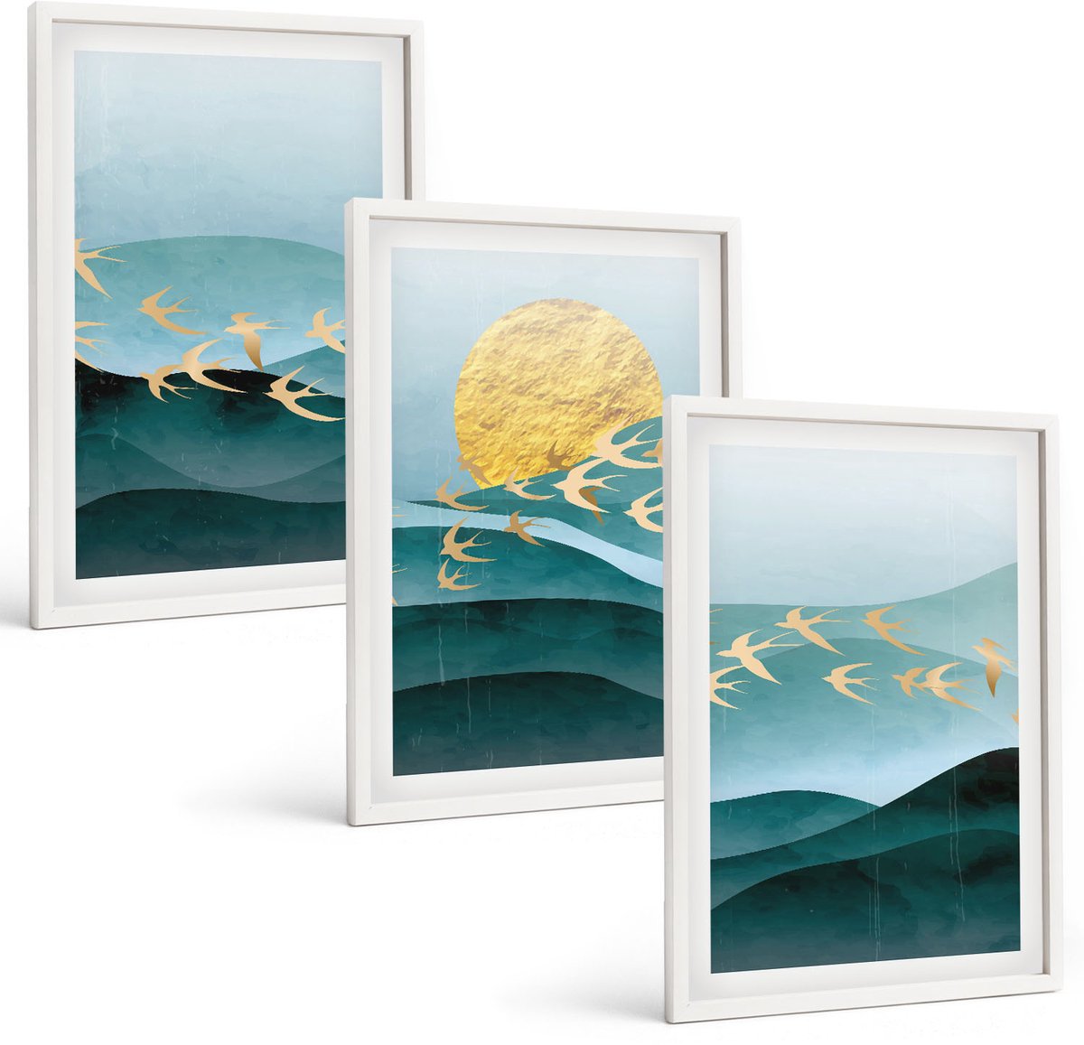 Tulup 3-Delige Schilderij Set - Abstracte landschappen met zonnestralen en vliegende vogels - 40x60 - Decoratieve Schilderijen - Wanddecoratie - Hal