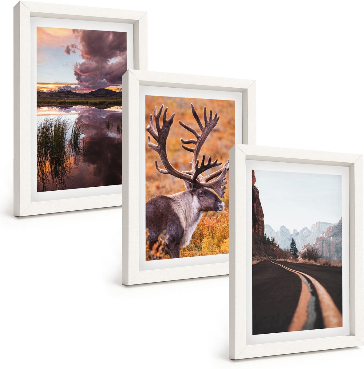 Tulup 3-Delige Schilderij Set - Berglandschappen met rendieren en een weg in de natuur - 20x30 - Muurdecoratie - Schilderijen Set - Woonkamer - Woonkamer Decoratie