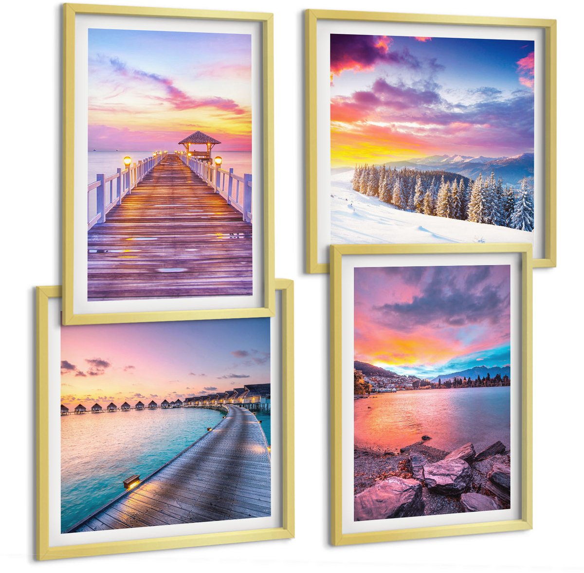 TULUP 4-Delige Schilderij Set - Winters berglandschap met een aanlegsteiger aan het meer. - 40 x 40 cm en 40 x 60 cm - Muurdecoratie - Decoratieve Schilderijen - Wohnzimmer Gouden lijst
