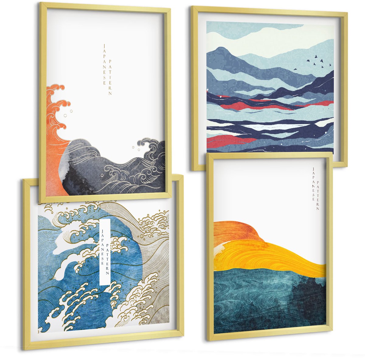TULUP 4-Delige Schilderij Set - Golven en kunst in Japanse grafische stijl - 40 x 40 cm en 40 x 60 cm - Stijlvolle Wanddecoratie - Interieur - Moderne Wanddecoratie Gouden lijst