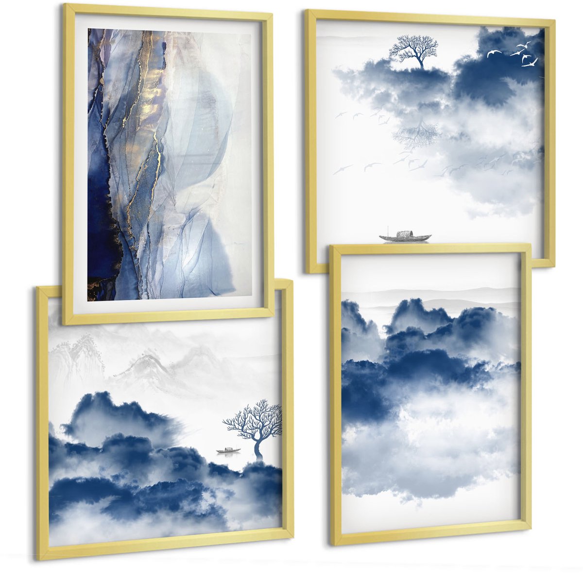 TULUP 4-Delige Schilderij Set - Wolkengebergte met bomen en vogels op de achtergrond - 40 x 40 cm en 40 x 60 cm - Stijlvolle Wanddecoratie - Interieur - Interieur Decoratie Gouden lijst