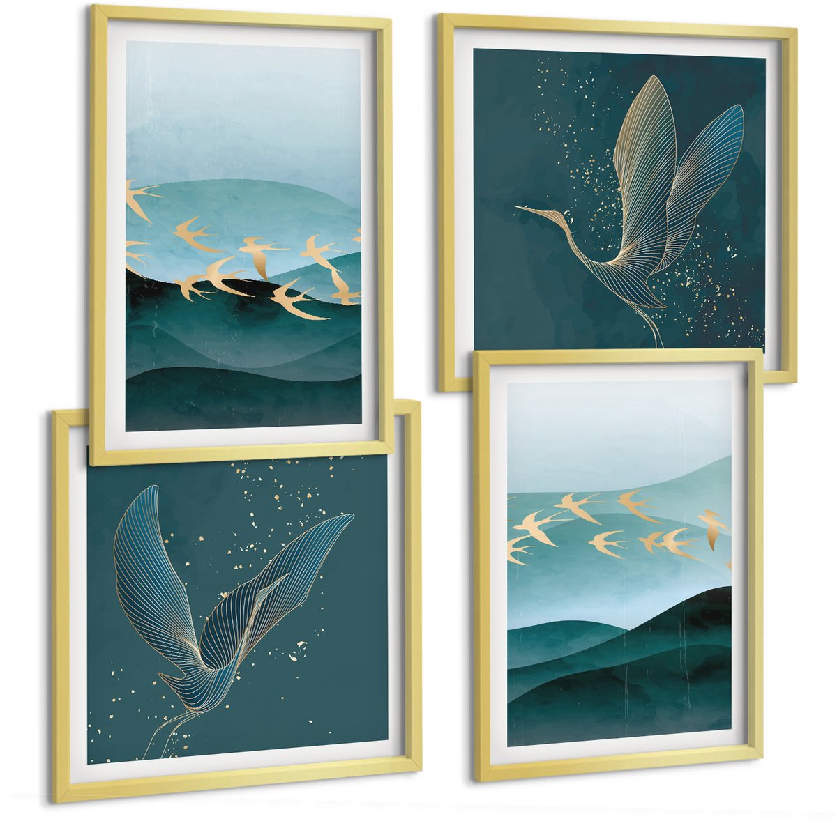 TULUP 4-Delige Schilderij Set - Abstracte landschappen met golven en vliegende vogels - 40 x 40 cm en 40 x 60 cm - Wanddecoratie - Schilderijen Set - Interieur - Muurdecoratie Gouden lijst