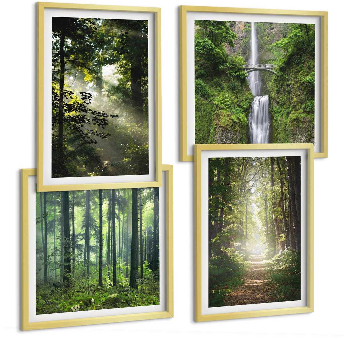 TULUP 4-Delige Schilderij Set - Groene bossen met zonnestralen en een bospad - 40 x 40 cm en 40 x 60 cm - Moderne Wanddecoratie - Woonkamer Gouden lijst