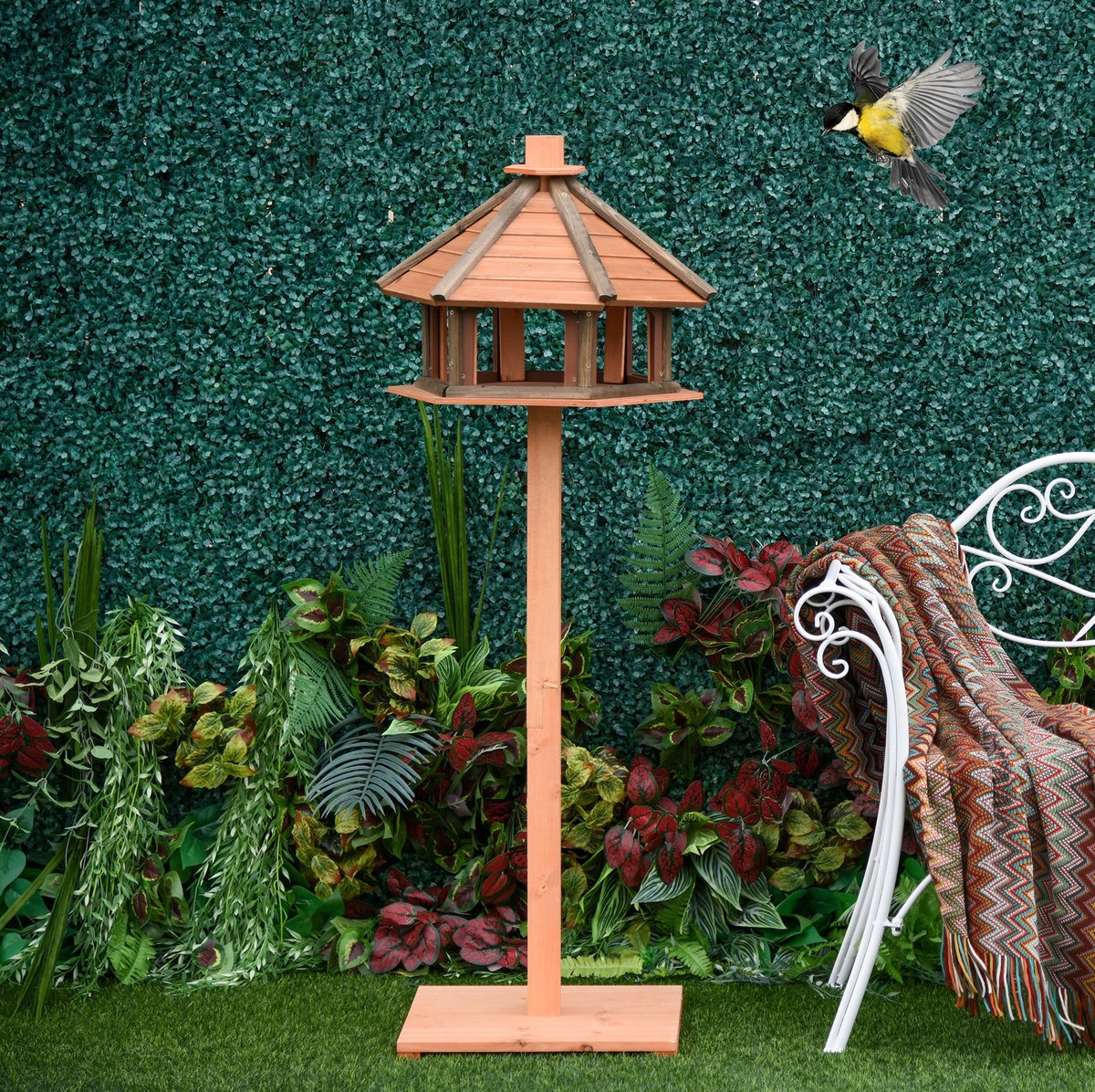 Vogelhuis Met Paal En Voet – Multifunctioneel Voederhuis – Ø52 x 130 Cm – Hout – Natuurlijk – Voor Tuin En Achtertuin