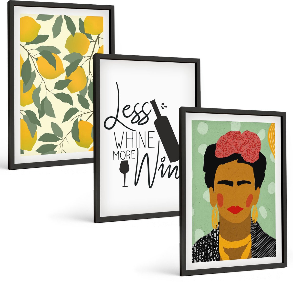 Tulup 4-Delige Schilderij Set - Citroenen Wachtwoord Over Wijn Portret van Frida Kahlo - 40 x 60 cm - Muurdecoratie - Decoratieve Schilderijen - Wohnzimmer
