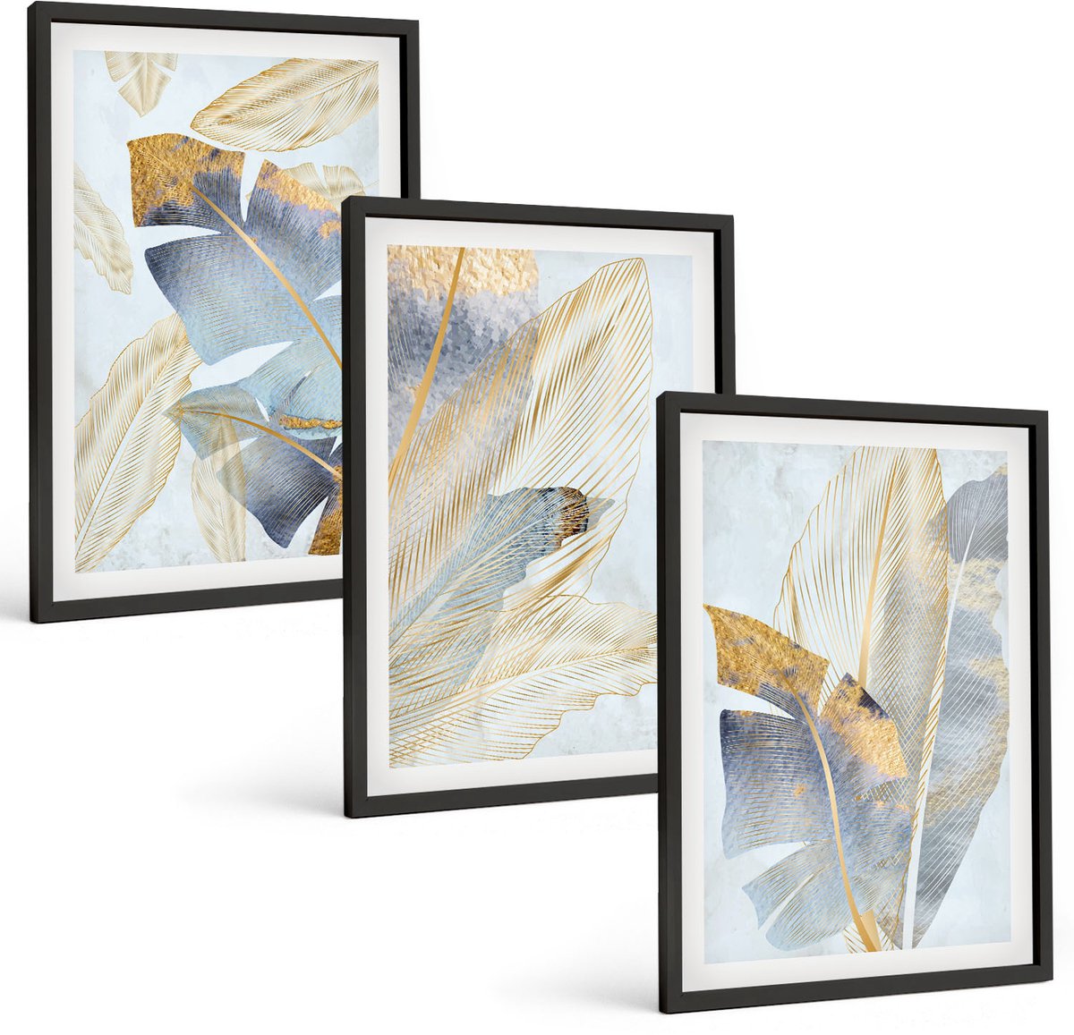 Tulup 4-Delige Schilderij Set - Bladeren in blauwe en beige tinten op een lichte achtergrond. - 40 x 60 cm - Wanddecoratie - Woonkamer Decoratie - Stijlvolle Muurdecoratie