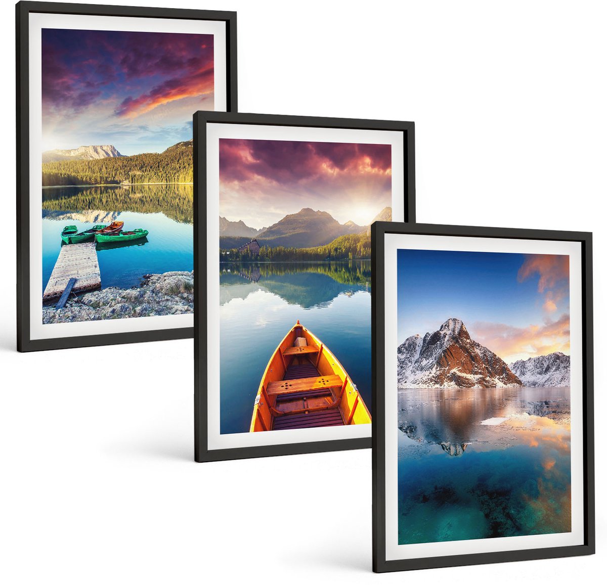 Tulup 4-Delige Schilderij Set - Rustige meren met berglandschap en boot - 40 x 60 cm - Decoratieve Muurdecoratie - Slaapkamer - Moderne Wanddecoratie