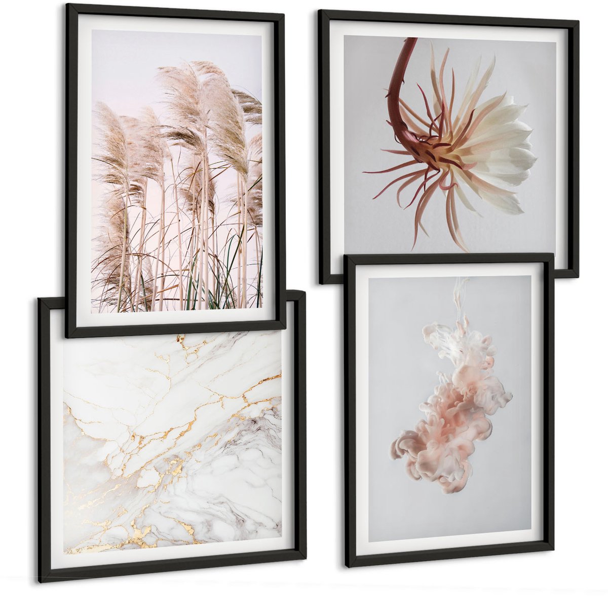 Tulup 4-Delige Schilderij Set - Elegante bloemen en grassen in wit marmer - 40 x 40 cm en 40 x 60 cm - Muurdecoratie - Decoratieve Schilderijen - Wohnzimmer - Woonkamer Decoratie