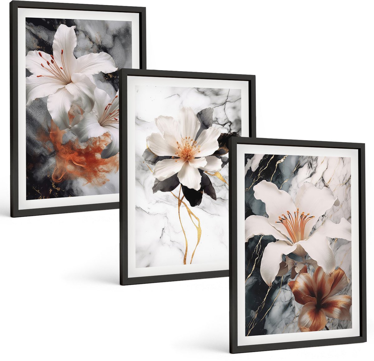 Tulup 4-Delige Schilderij Set - Bloemen op een marmeren achtergrond in wit- en zwarttinten. - 40 x 60 cm - Wanddecoratie - Muurdecoratie - Moderne Interieurdecoratie