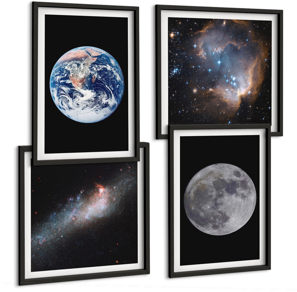 Tulup 4-Delige Schilderij Set - Ruimte, Melkweg, Sterren en Volle Maan - 40 x 40 cm en 40 x 60 cm - Stijlvolle Muurdecoratie - Kantoor - Decoratieve Schilderijen
