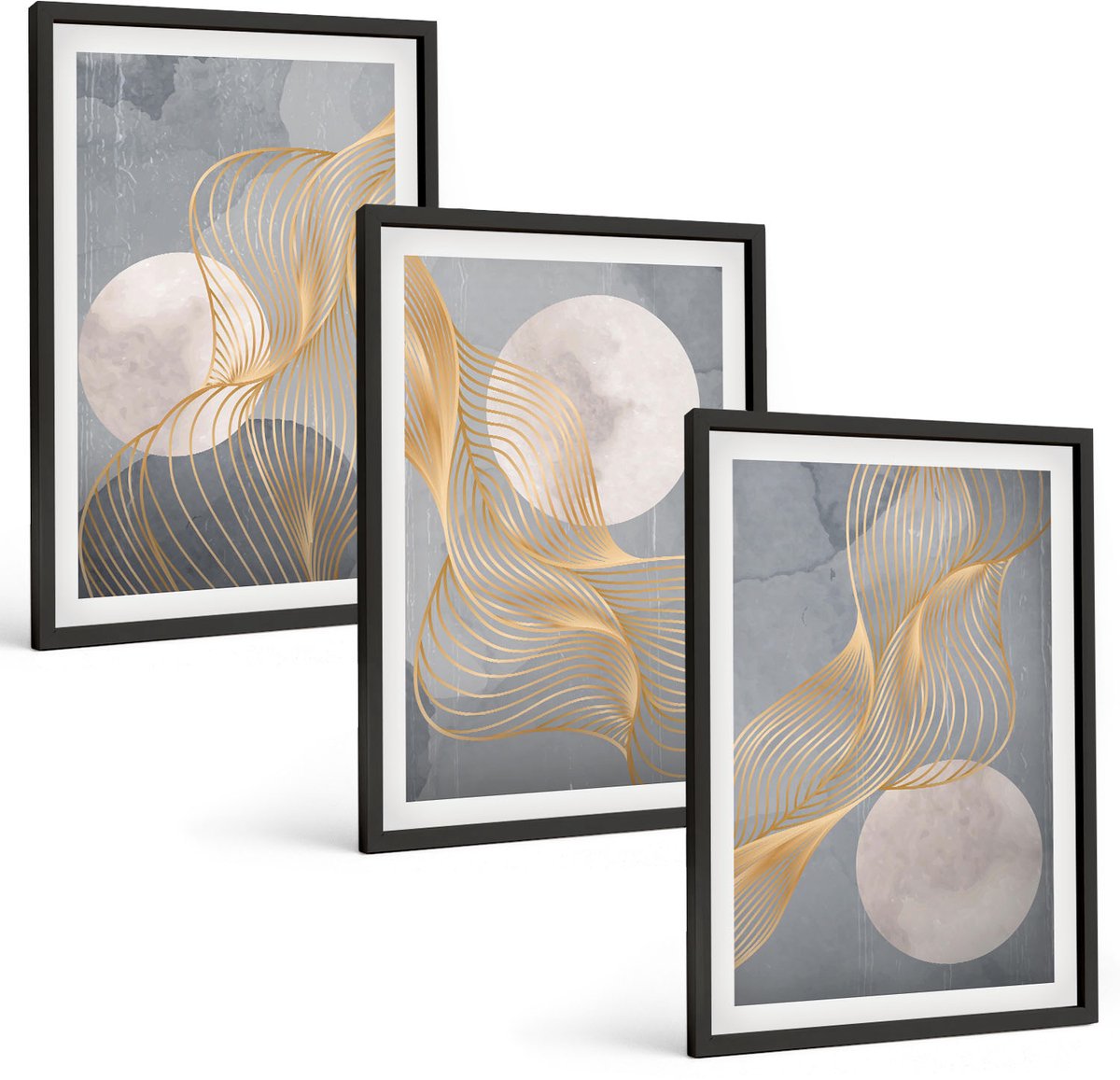 Tulup 4-Delige Schilderij Set - Abstracte patronen met golven en cirkels op een grijze achtergrond. - 40 x 60 cm - Wanddecoratie - Schilderijen Set - Interieur - Muurdecoratie
