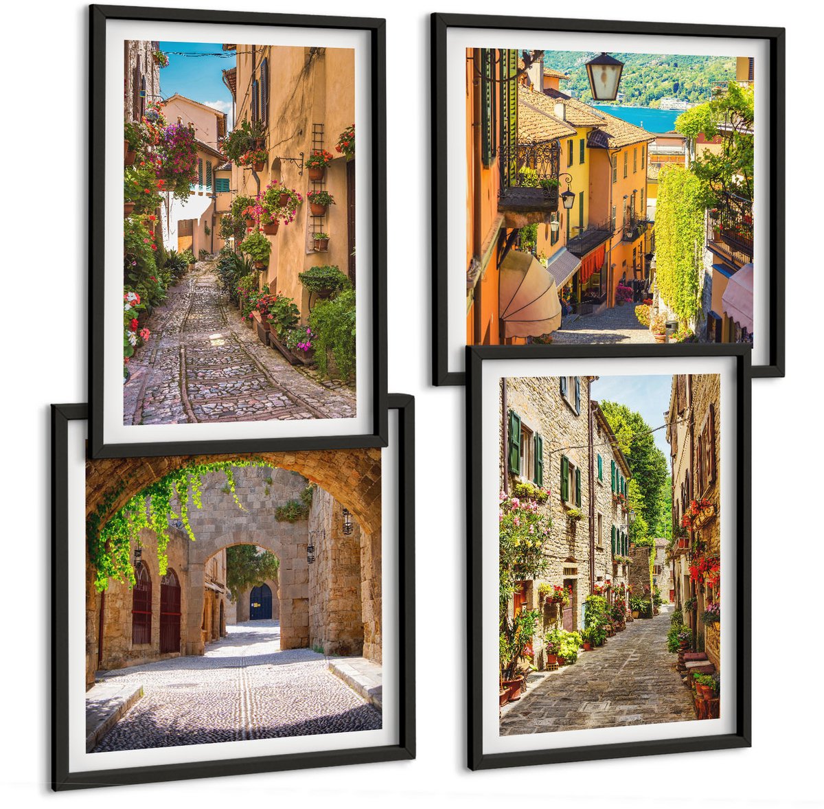 Tulup 4-Delige Schilderij Set - Italiaanse straten met bloemen en architectonische landschappen - 40 x 40 cm en 40 x 60 cm - Moderne Wanddecoratie - Woonkamer - Decoratieve Schilderijen