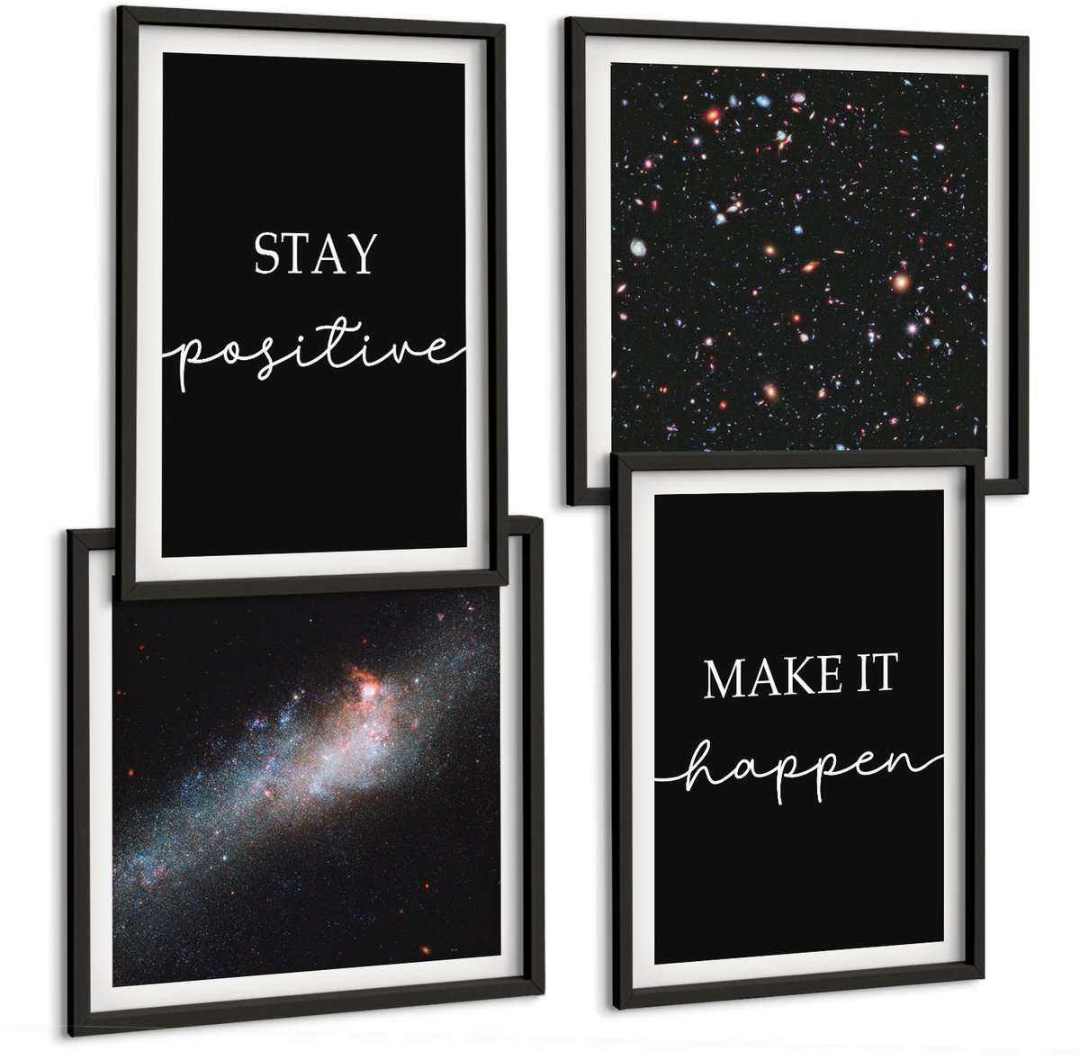 Tulup 4-Delige Schilderij Set - Motiverende slogans op een zwarte achtergrond Sterren in de ruimte - 40 x 40 cm en 40 x 60 cm - Decoratieve Schilderijen - Woonkamer - Interieur - Stijlvolle Muurdecoratie