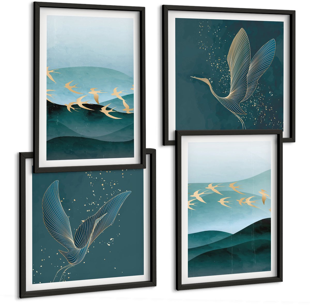 Tulup 4-Delige Schilderij Set - Abstracte landschappen met golven en vliegende vogels - 40 x 40 cm en 40 x 60 cm - Wanddecoratie - Schilderijen Set - Interieur - Stijlvolle Muurdecoratie