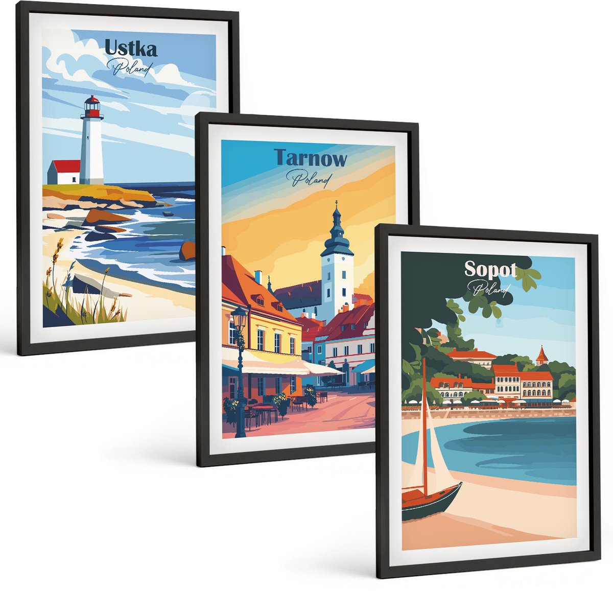 Tulup 4-Delige Schilderij Set - Uitzicht op de Poolse steden Ustka Tarnów Sopot - 40 x 60 cm - Decoratieve Schilderijen - Woonkamer - Interieur