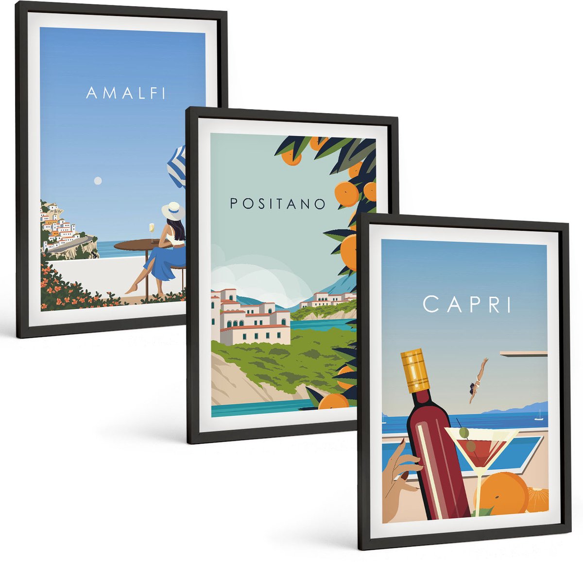 Tulup 4-Delige Schilderij Set - Vakantiegezichten Amalfi Positano en Capri - 40 x 60 cm - Muurdecoratie - Interieur Decoratie - Wanddecoratie