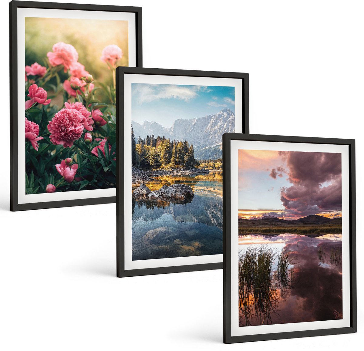 Tulup 4-Delige Schilderij Set - Bloemen in de tuin, bergen en een kalm wateroppervlak. - 40 x 60 cm - Wanddecoratie - Muurdecoratie - Woonkamer