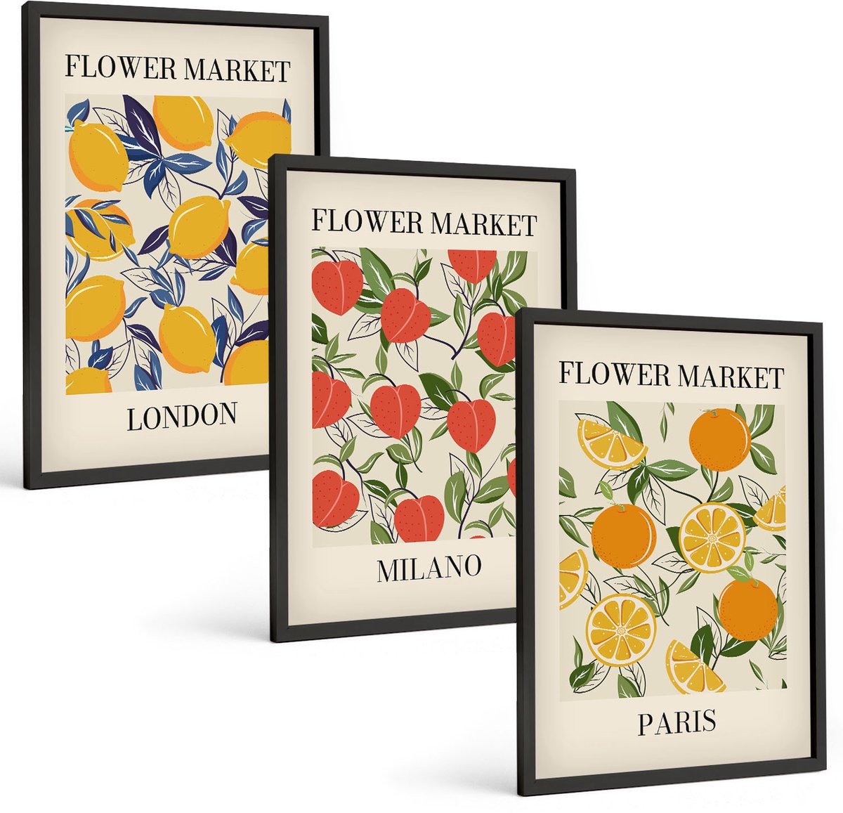 Tulup 4-Delige Schilderij Set - Bloemenposters in Londen, Milaan en Parijs - 40 x 60 cm - Muurdecoratie - Schilderijen Set - Woonkamer - Interieur Decoratie