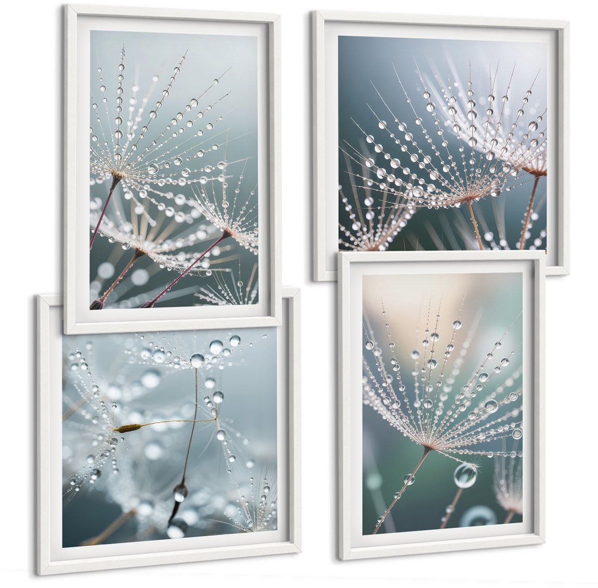 Tulup 4-Delige Schilderij Set - Waterdruppels op de tere scheuten van paardenbloemen - 40x40 en 40x60 - Moderne Wanddecoratie - Slaapkamer - Interieur Decoratie
