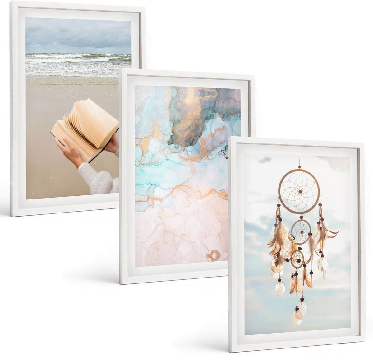 Tulup 3-Delige Schilderij Set - Abstracte zee, leesboek en boho dromenvanger - 40x60 - Muurdecoratie - Decoratieve Schilderijen - Wohnzimmer - Wanddecoratie