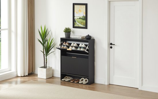Schoenenkast Met Groef Front En Anti Kantel Beveiliging Voor Hal En Gang Zwart Spanplaat En Metaal 80 X 24 X 102 Cm — afbeelding 2