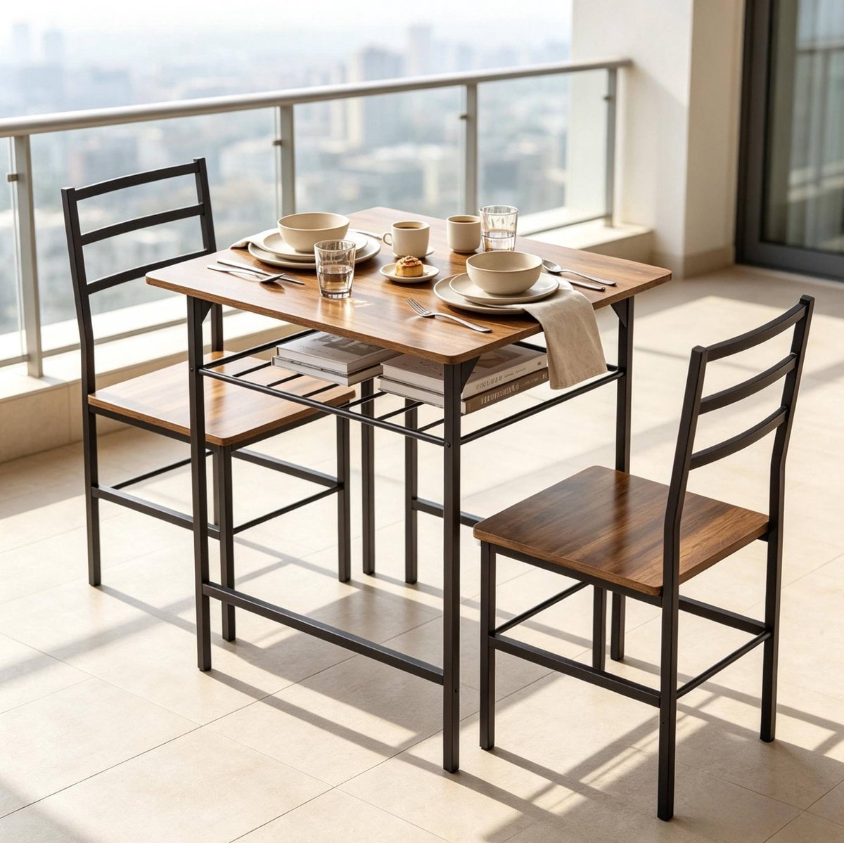 HAUSS SPOLE Set Tafel En Stoelen Compacte Eettafel Met 2 Stoelen En Opbergplank Voor Kleine Ruimtes Industrieel Hout Metaal 80 X 50 X 78,8 Cm Zwart Bruin
