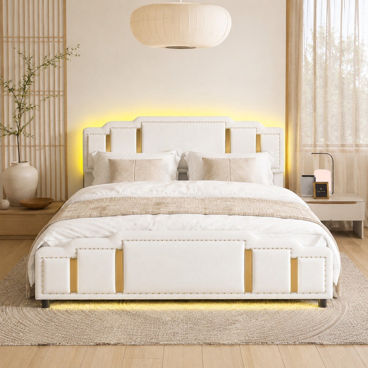 Wishdor Tweepersoonsbed 160x200 cm - Bedframe met opberglades en LED-verlichting - Velvet - Beige - Gouden accenten - Lattenbodem