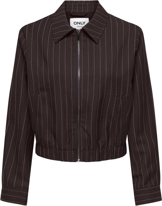 Bruin pinstripe bomberjack met zilveren rits en kraag.