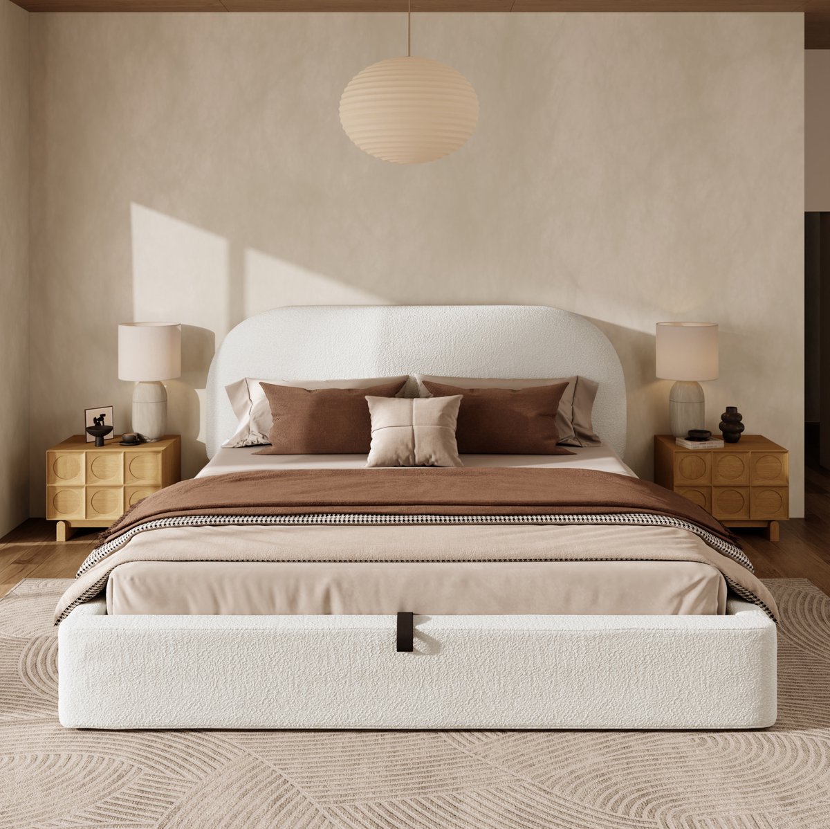 Wishdor tweepersoonsbed 160x200 cm - Hydraulisch opbergbed - Bouclé stof - Met lattenbodem - Hoofdbord - Beige - 223 x 180 x 99 cm