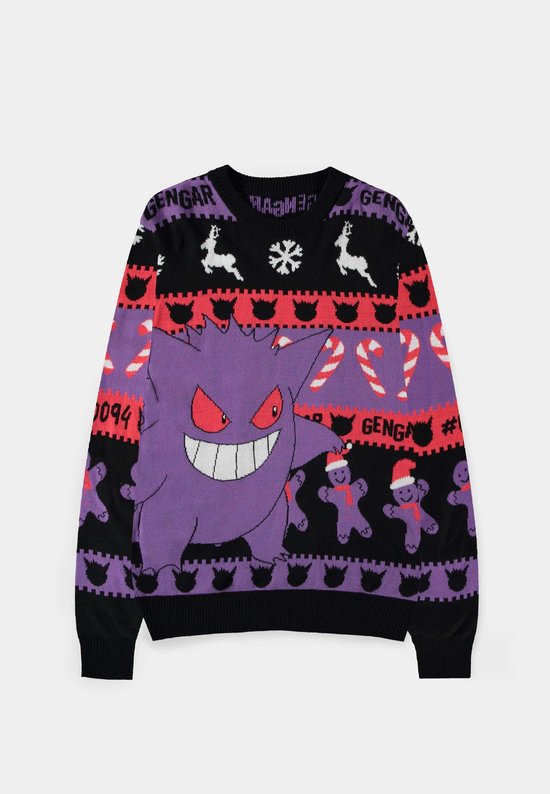 Paarse kersttrui met Gengar, rendieren, sneeuwvlokken, kerststokken en peperkoekmannetjes.