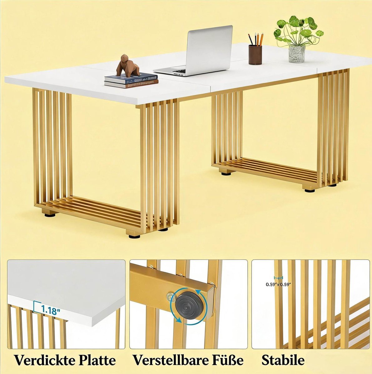 Wishdor Bureau - Wit en goud - Rechthoekig ontwerp - Modern minimalistisch - Voor kantoor, computer en werkplek - Hout en metaal - 180 x 79 x 78 cm