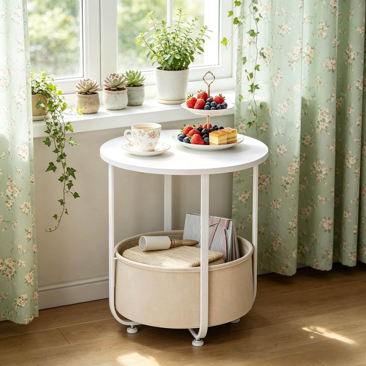 Wishdor Ronde bijzettafel met opbergmand - Modern design - Metalen frame - Wit - 45 cm - Compact formaat voor woonkamer, slaapkamer en balkon