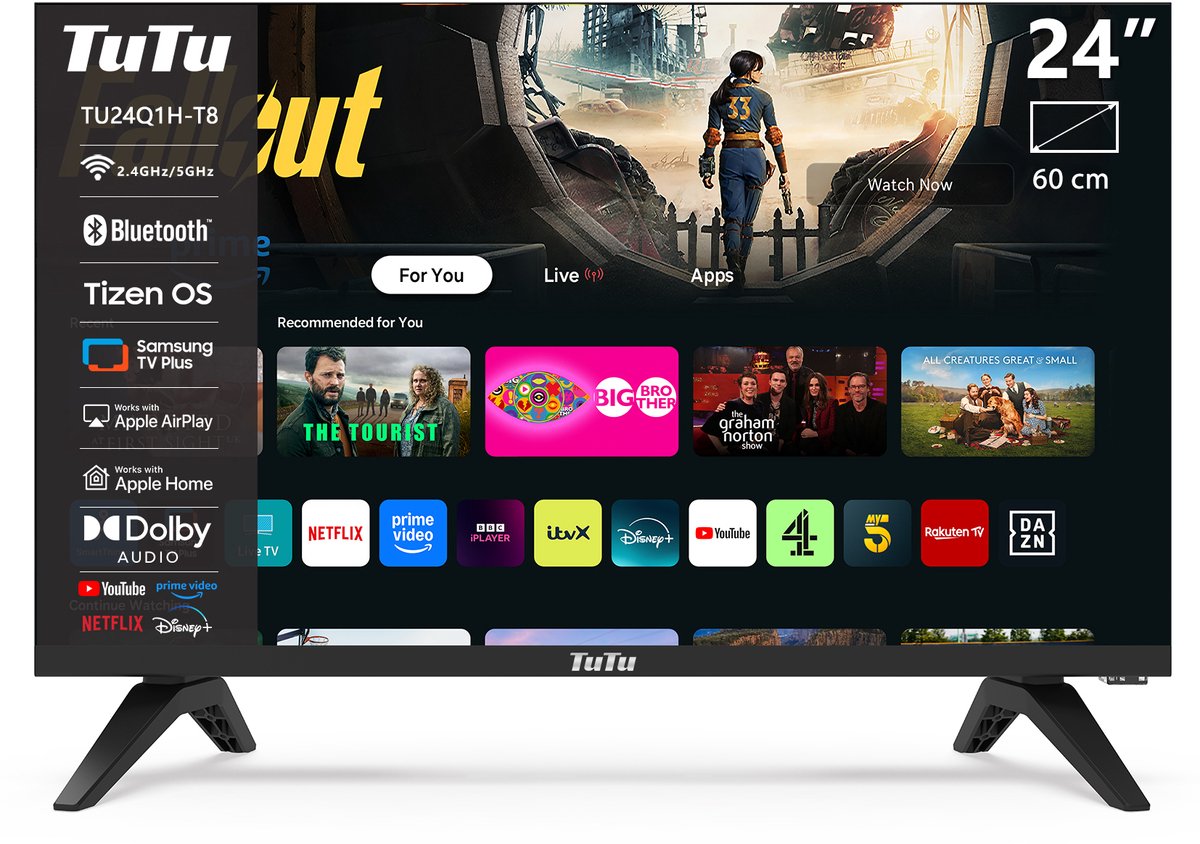 TuTu Tizen Smart TV - LED HD - 24 inch/61 cm - Streaming apps - AirPlay - HDMI x3, USB x2, CI+ - Tripple Tuner DVB-T/T2/S/S2/C - Frameless Design - Geassembleerd in Nederland - TU24Q1H-T8