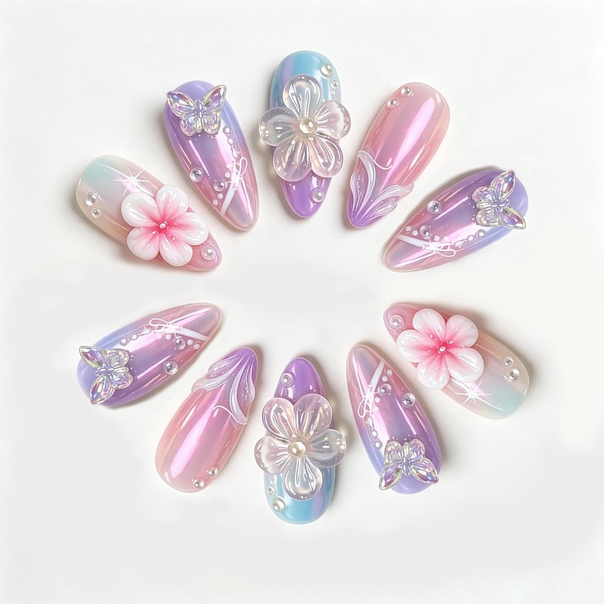 30 st. Press on Nails: 3D bloemen vlinder roze amandel - ShopVlot