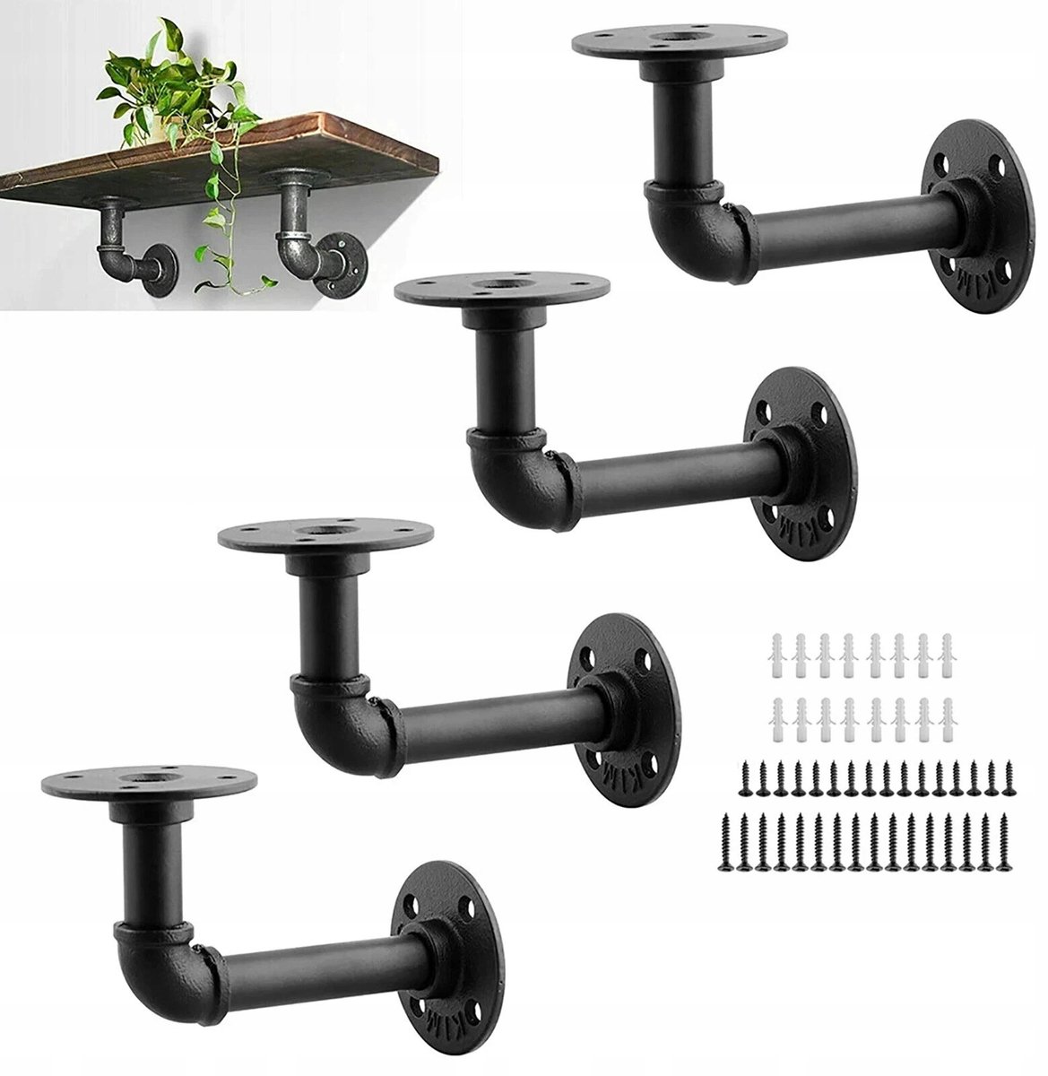 Industriële Wandplanksteunen, 140x96mm, Zwart Metaal, Set van 4
