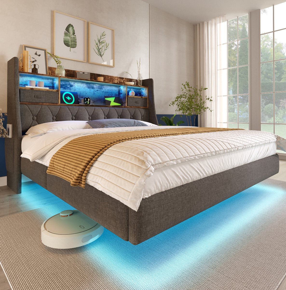 Gestoffeerd Bed 160x200 cm Zonder Matras Modern Tweepersoonsbed Met Ledverlichting En Oplaadstation Met Opbergruimte Grijs Stof