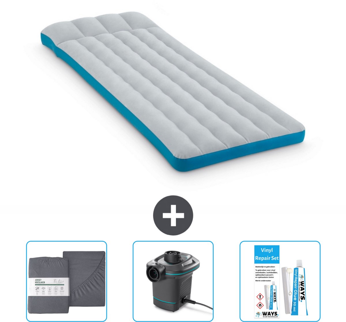 Intex Campingmat - Twijfelaar - 72 x 189 x 20 cm - Blauw - Inclusief Hoeslaken - Pomp en Reparatieset