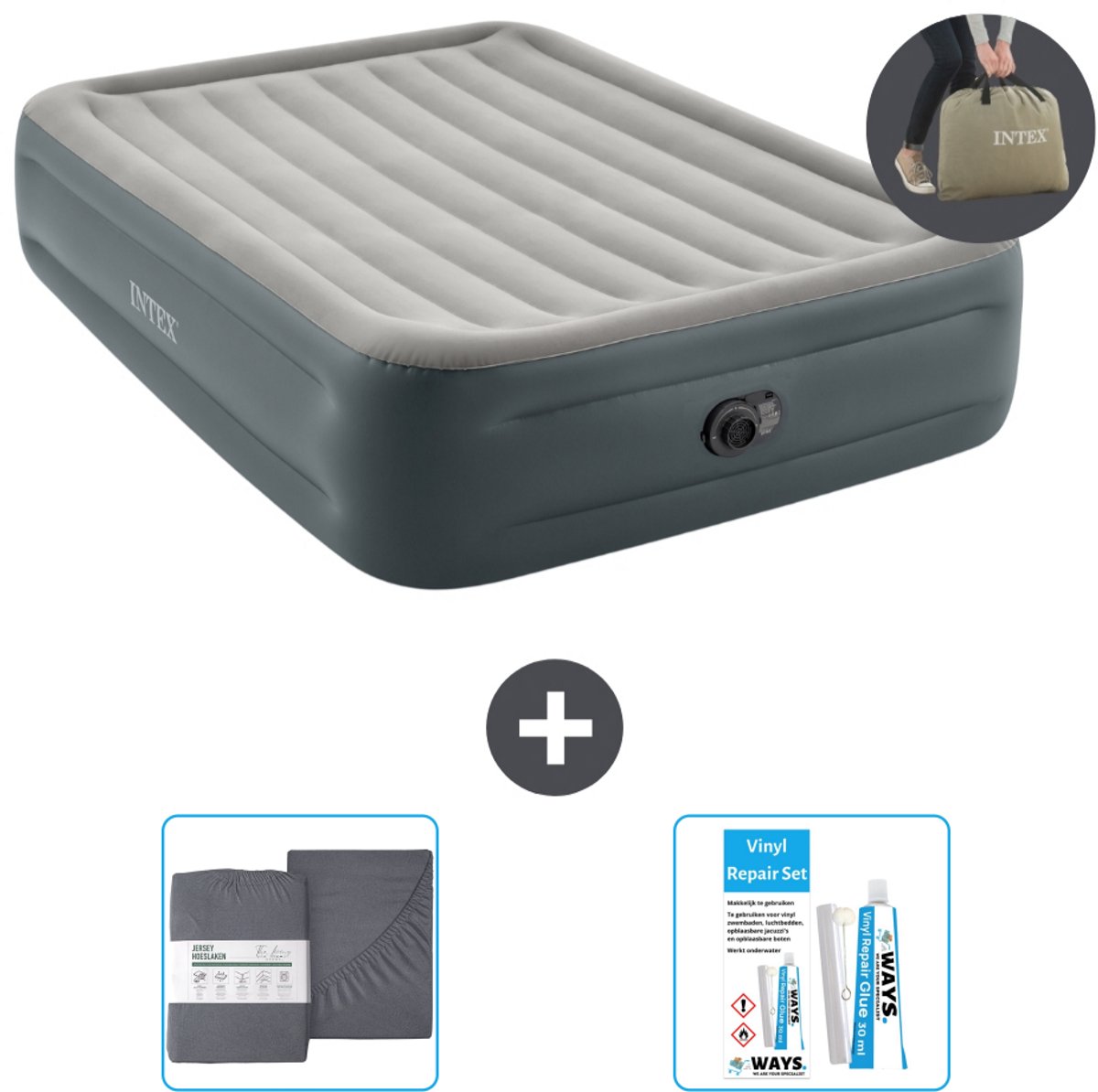 Bol.com Intex Luchtbed - 2-Persoons - 152 x 203 x 46 cm - Grijs - Inclusief pomp - Hoeslaken en Reparatieset aanbieding