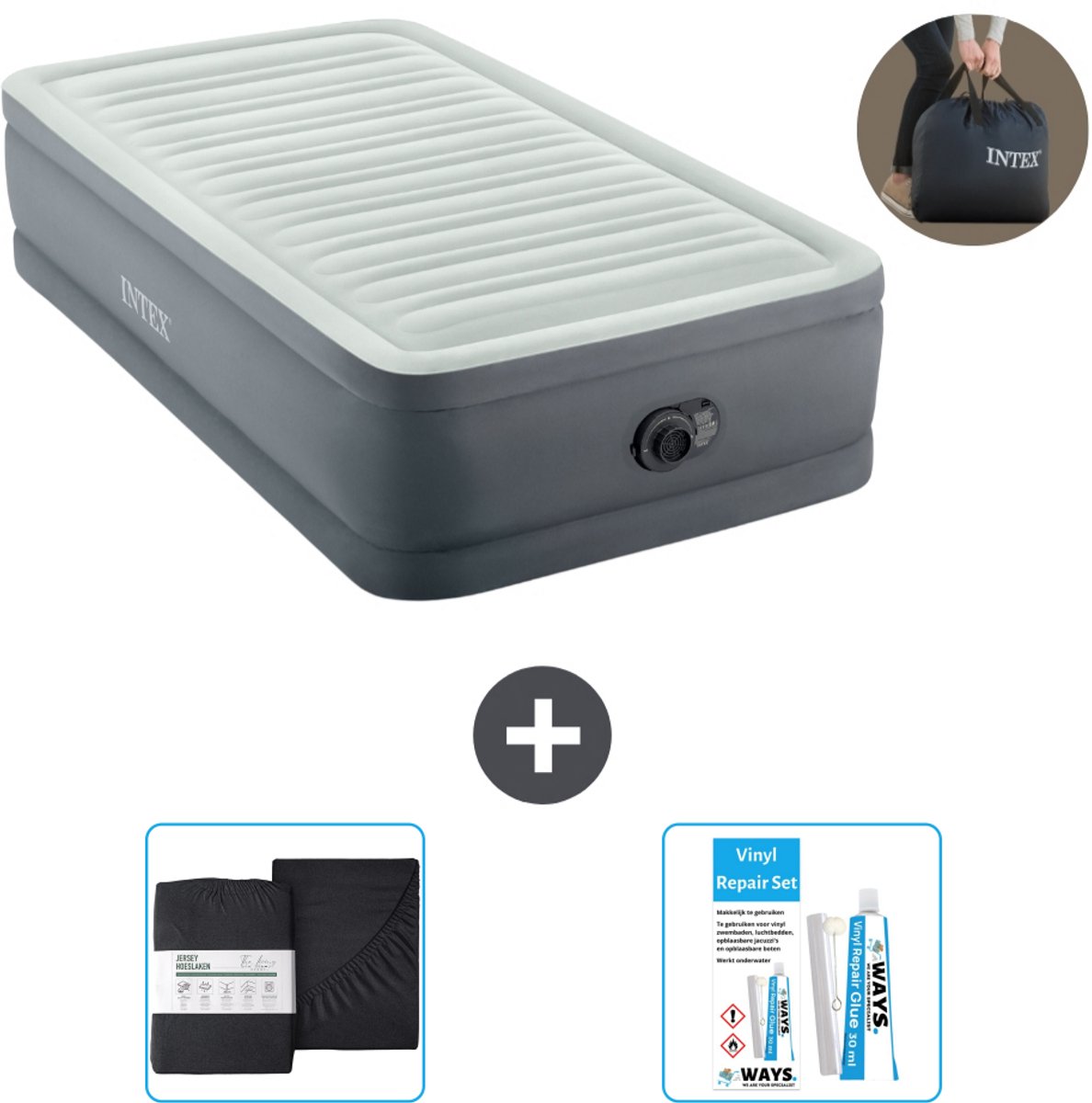 Bol.com Intex Luchtbed - 1-Persoons - 99 x 191 x 46 cm - Grijs - Inclusief pomp - Hoeslaken en Reparatieset aanbieding