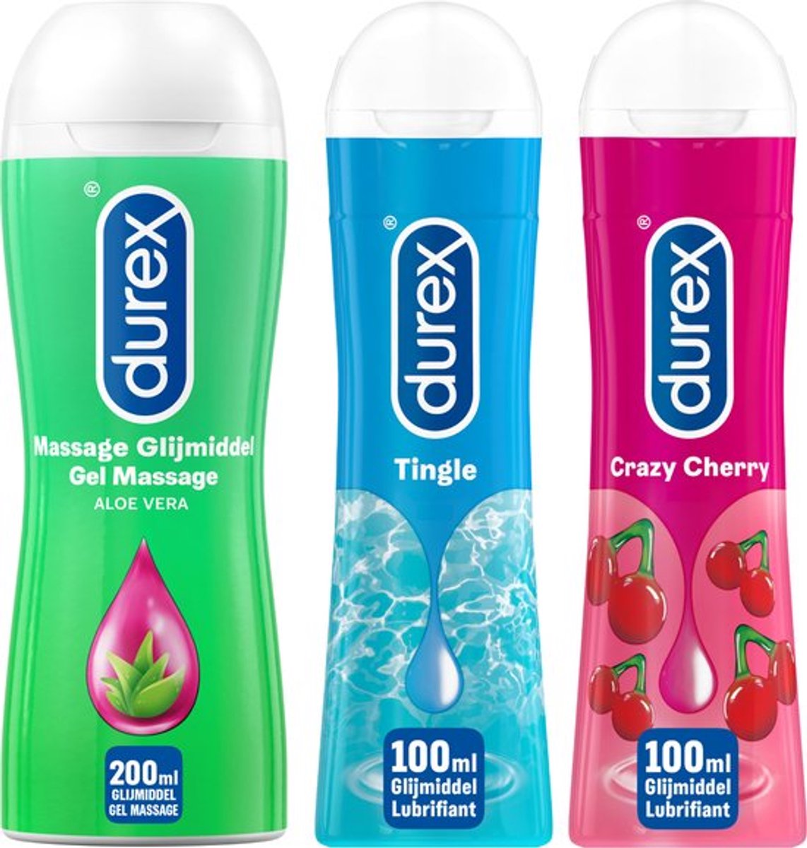 Durex - 3 Glijmiddelen - Voor De Smaak Van Avontuur - Waterbasis - Massage Olie en Glijmiddel 2-in-1 Aloë Vera 200ml - Play Pleassure Gel Tingle 100ml - Crazy Cherry met Smaak 100ml