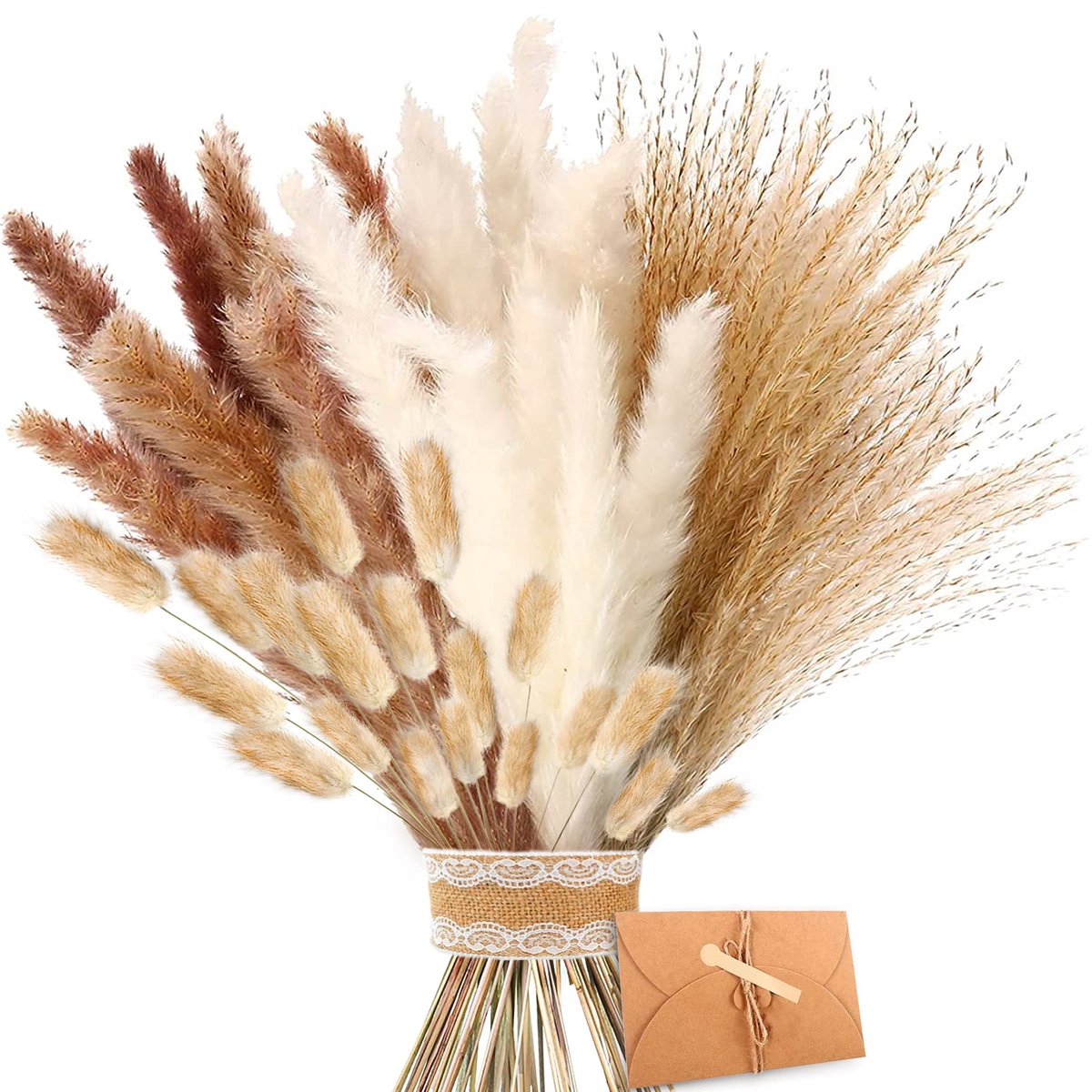 Famanu – Gedroogd pampasgras, natuurlijke gedroogde bloemen in bruin en wit, pluizige bladeren, lagurus en zegge, voor bloemstukken en decoratie