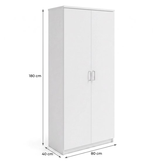 Witte kledingkast van 180x80x40 cm met twee deuren.