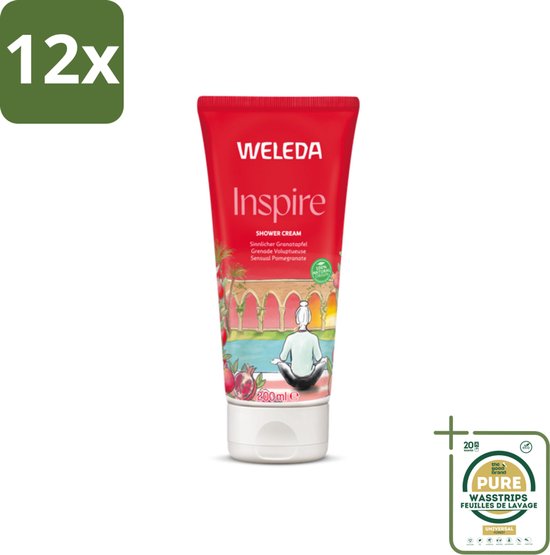 WELEDA Inspire douchecrème in rode tube, met afbeelding van een persoon in meditatiehouding in een tuin, met granaatappels. 12x voordeelverpakking.