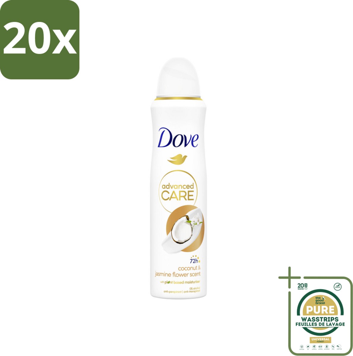 20 x Dove Deodorant Spray - Advanced Care - Kokos & Jasmijnbloem - 150 ml - Grootverpakking - Dove Deodorant Spray - Kokos En Jasmijn - Anti-transpirant Spray - Okselhuid Verzorging - Zweetbehandeling