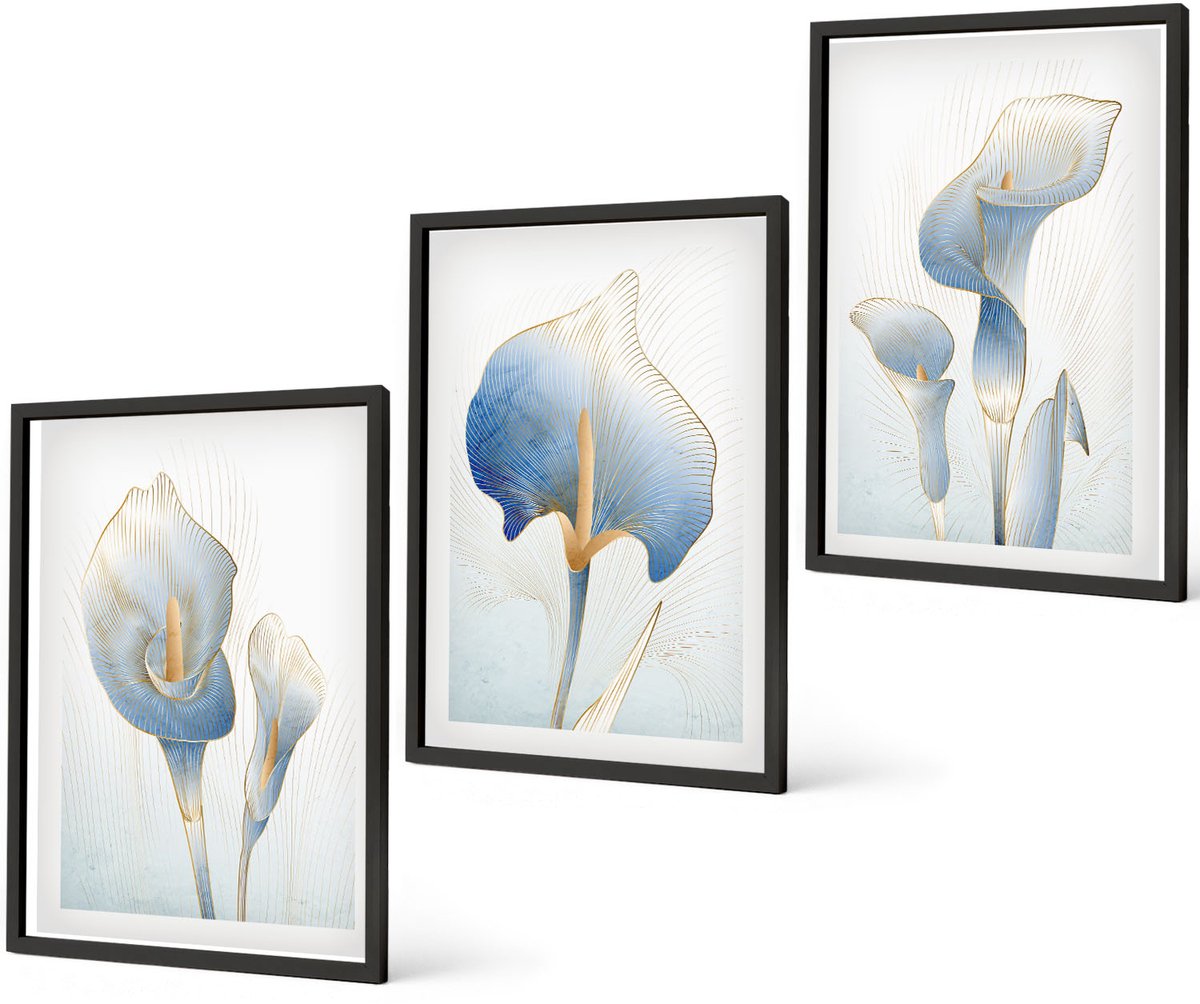 Coloray 3-Delige Schilderij Set - Fijne Blauwe Bloemen Op Een Lichte Achtergrond - 40 x 60 cm - Wanddecoratie - Muurdecoratie - Woonkamer - Stijlvolle Muurdecoratie