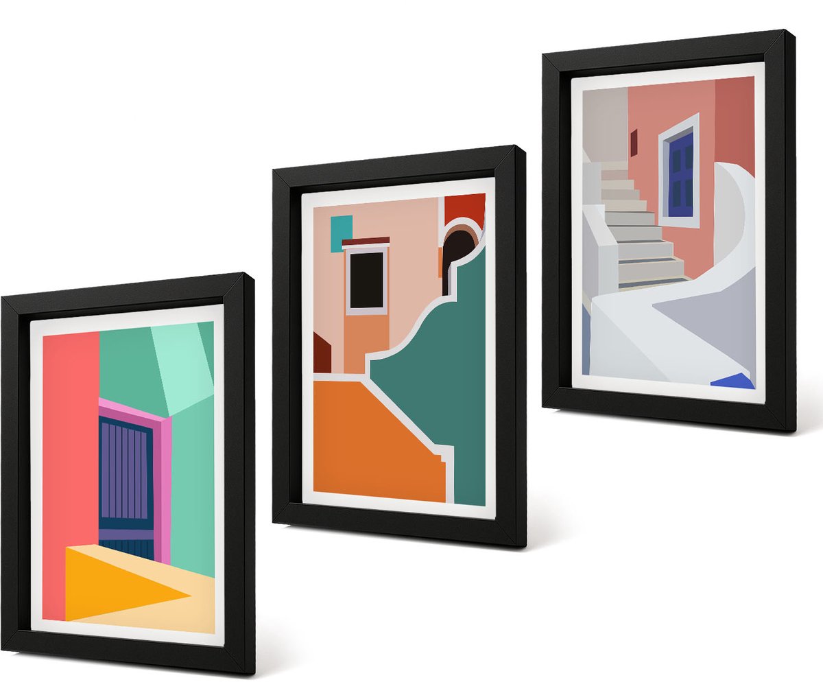 Coloray 4-Delige Schilderij Set - Kleurrijke illustraties van gebouwen in een moderne stijl. - 20 x 30 cm - Stijlvolle Wanddecoratie - Interieur - Decoratieve Schilderijen